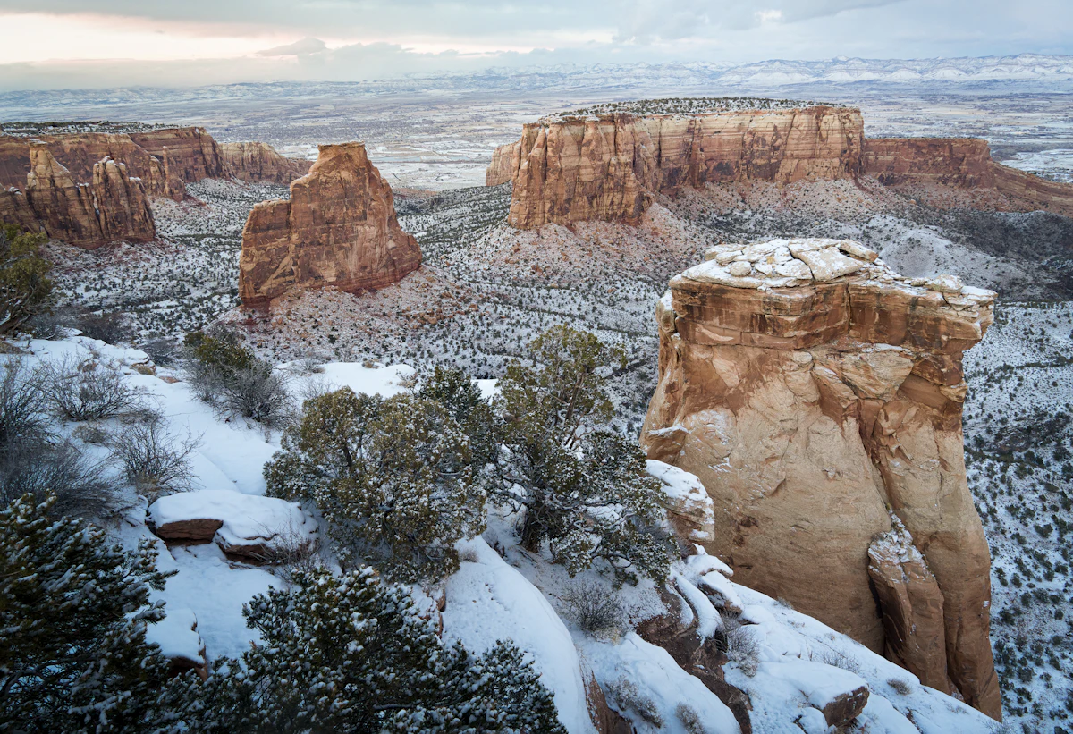 Snow on sandstone towers and evergreens at Colorado National Monument