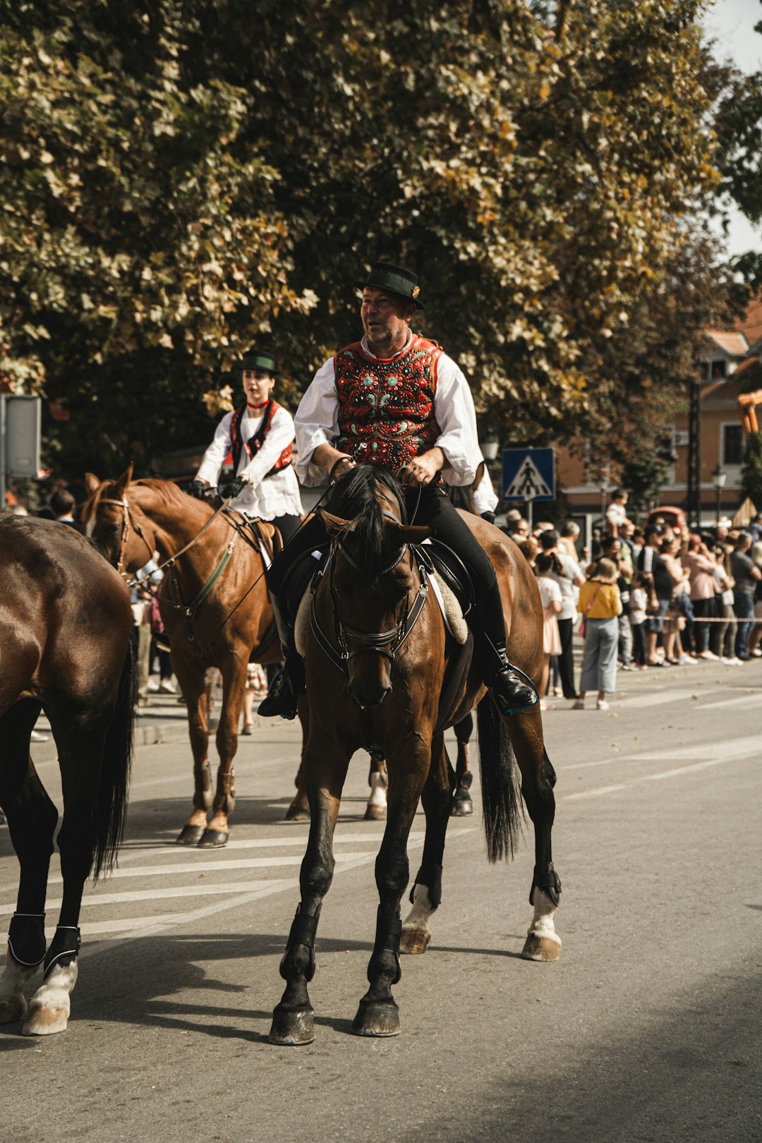 man in red and white long sleeve shirt riding brown horse during daytime