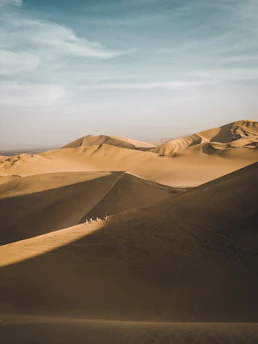 Golden sand dunes stretching into the horizon with a camel caravan at sunset.