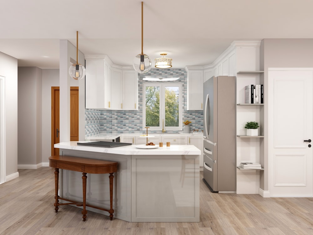 white and brown wooden kitchen island