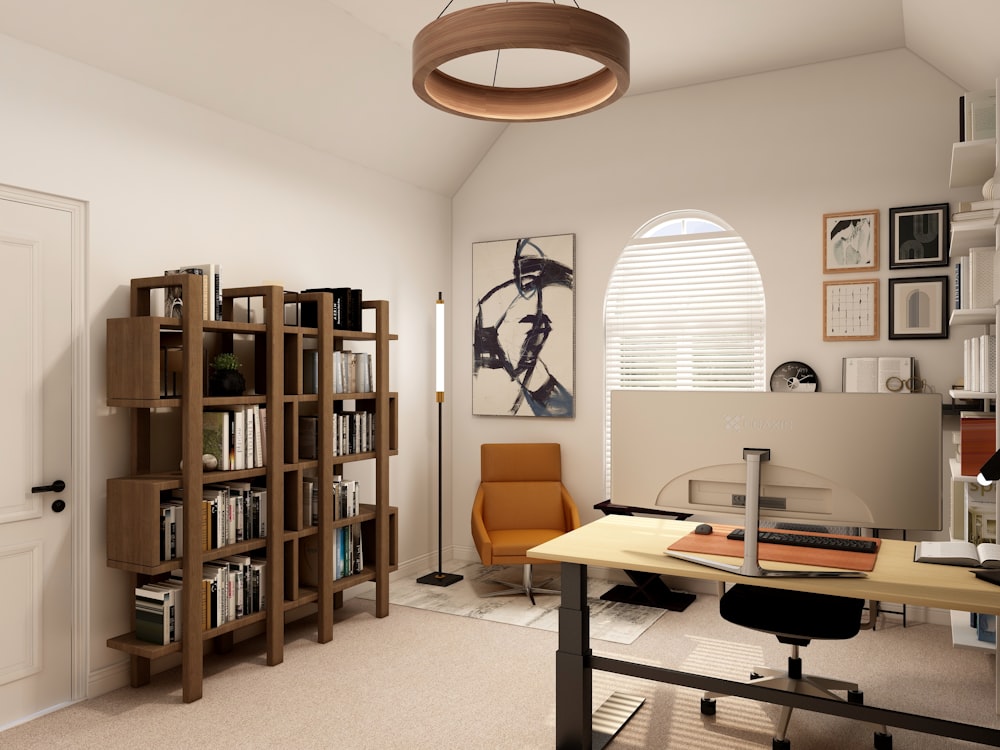 brown wooden book shelf near white table