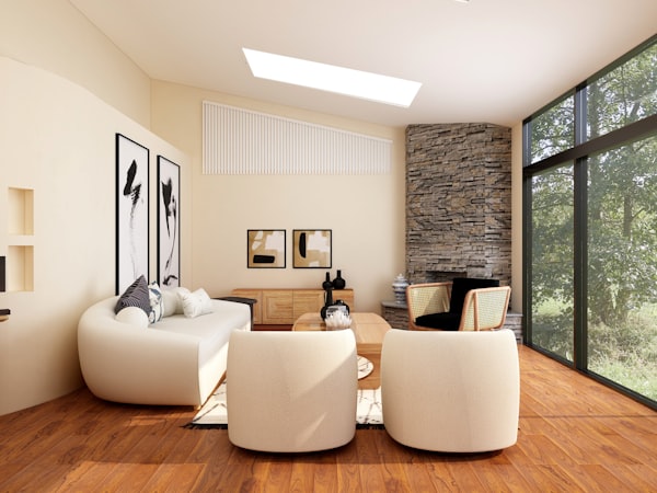 white room with stylish couch - 80's living room - white room with wall art - living room with sun roof