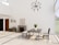 A modern dining room with minimalist decor features a sleek table and chairs on a large patterned rug. A potted plant sits centered on the table. The room is well-lit with large windows allowing natural light to enter. A stylish chandelier hangs from the ceiling. A stone fireplace, small console table, and decorative wall art complete the design.