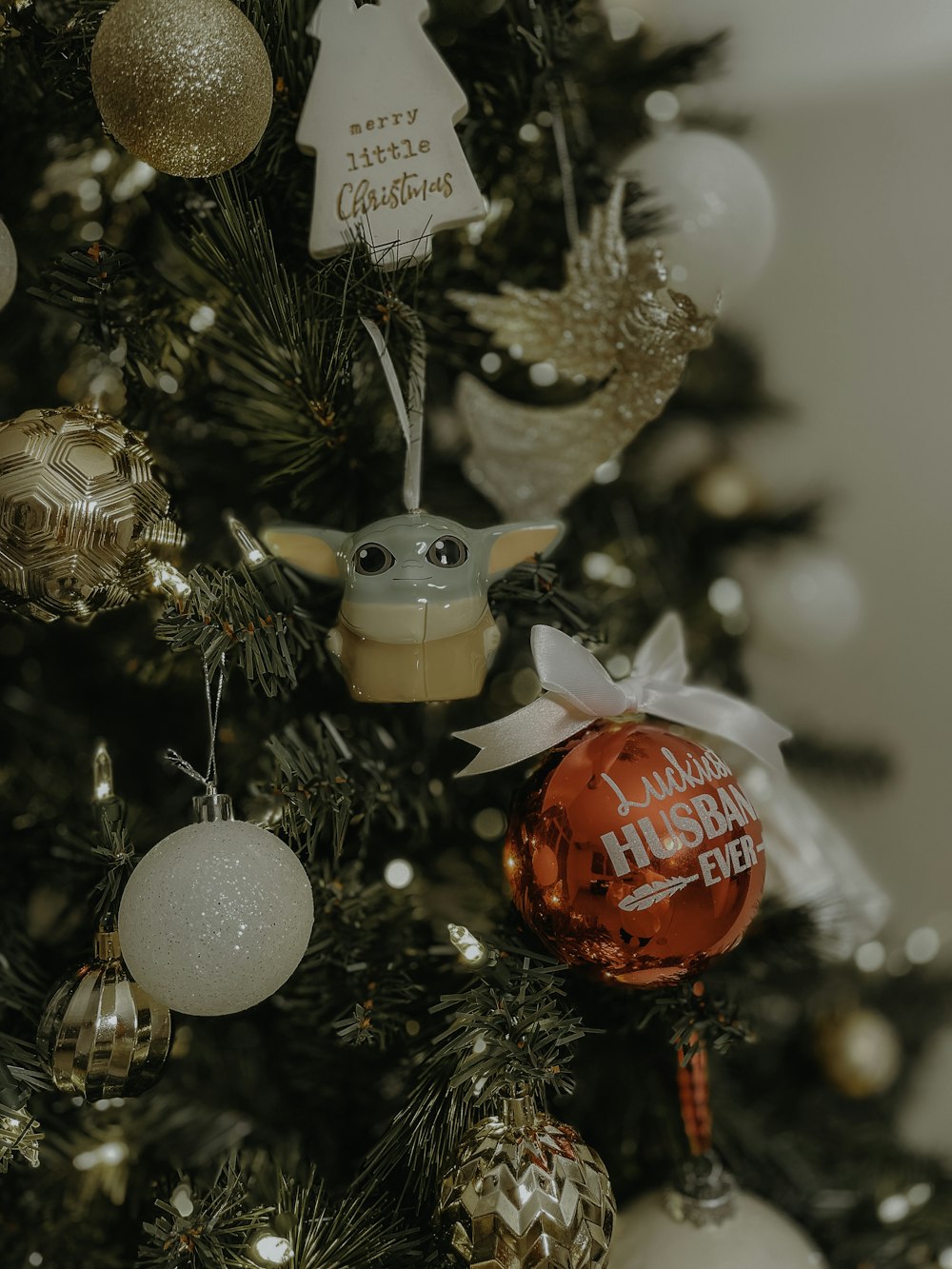 red and white baubles on christmas tree