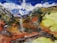A vibrant landscape painting featuring snowy mountains under a cloudy blue sky. The foreground is filled with bold brushstrokes of earthy tones, depicting a dynamic terrain of rust, green, and gray. The merging of abstract elements with recognizable natural formations creates a striking and vivid composition.