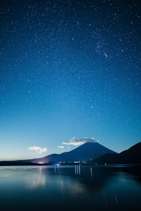 A cinematic 4k image of a mountain peak perfectly mirrored in a dark, still lake under a deep midnight sky