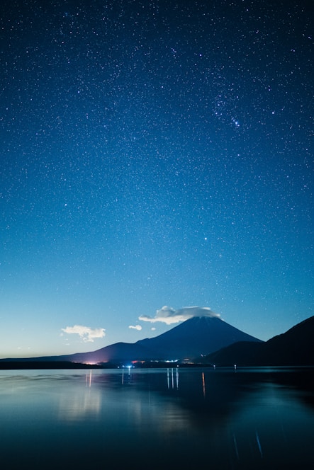 A cinematic 4k image of a mountain peak perfectly mirrored in a dark, still lake under a deep midnight sky