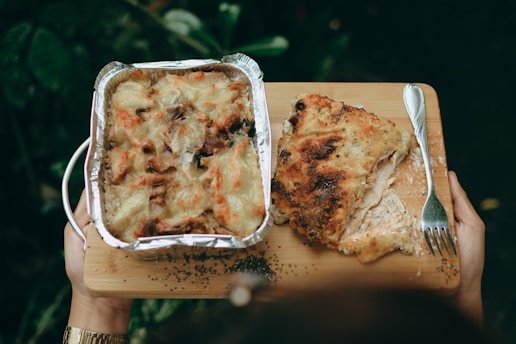 brown and white food on stainless steel tray