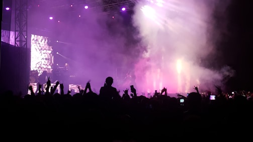 A crowd of people is gathered at a concert, with visible silhouettes of hands raised in excitement. Thick smoke and bright stage lights create a colorful ambiance, with purple and pink tones dominating the scene. A large screen displays abstract visuals, enhancing the overall dynamic atmosphere.