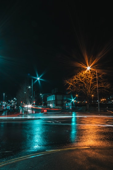 A nighttime street scene with wet pavement reflecting colorful streetlights. Light trails from passing vehicles create dynamic lines across the image. Leafless trees and distant buildings are visible under the glow of warm and cool streetlights.