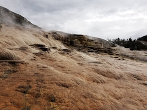 Terraced mineral deposits cascade down a hillside under a cloudy sky, with steam rising in some areas. The formations have a rugged, layered texture and earthy tones, with a backdrop of trees silhouetted against the overcast atmosphere.