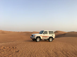 A sleek white SUV parked on a sandy desert road under a clear blue sky