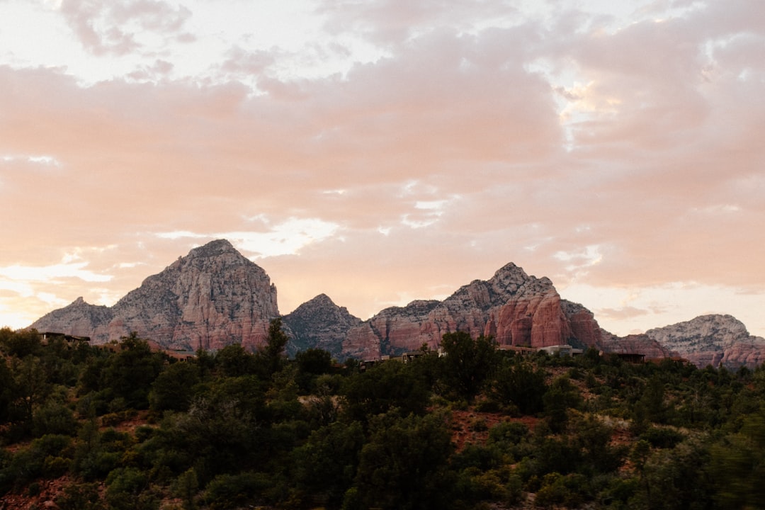 a mountain range with trees and rocks under a cloudy sky,