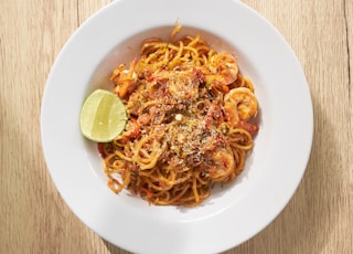 pasta dish on white ceramic plate