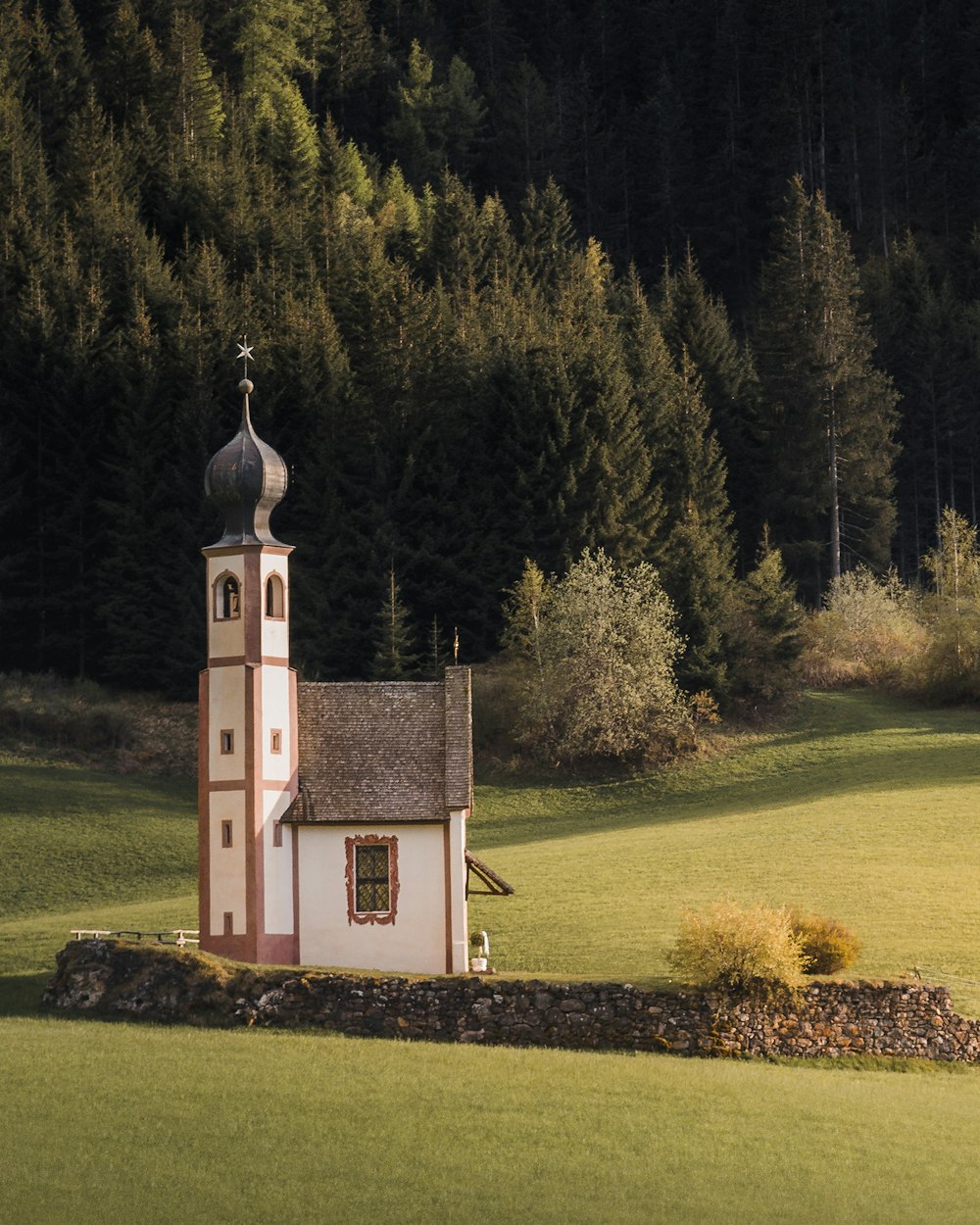 white and black concrete church near green trees during daytime