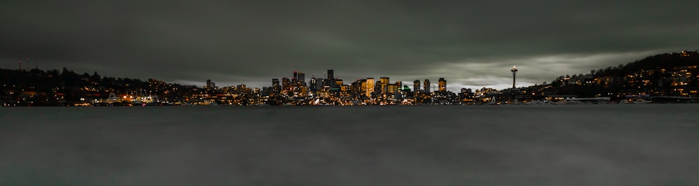 city skyline across body of water during night time