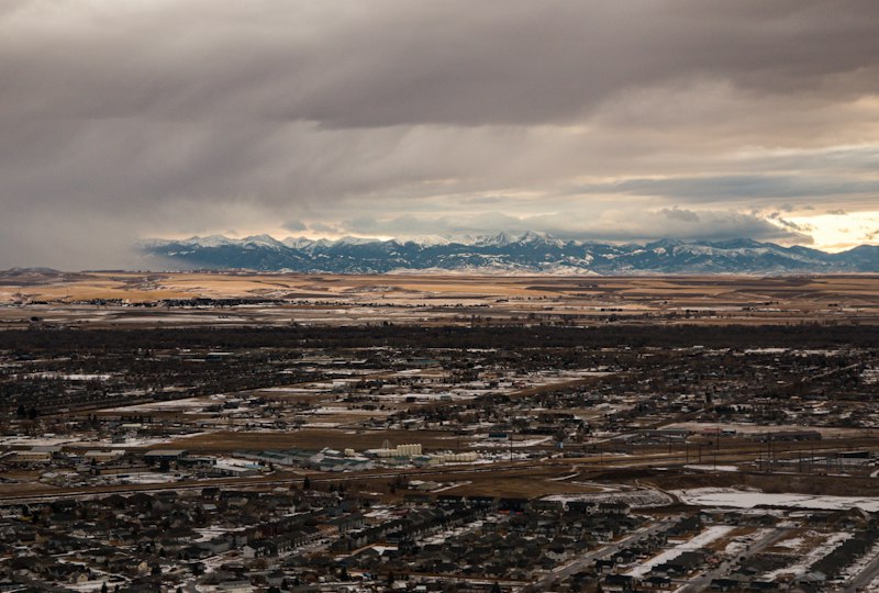 Aerial view of Bozeman Montana with the Bridger Mountains