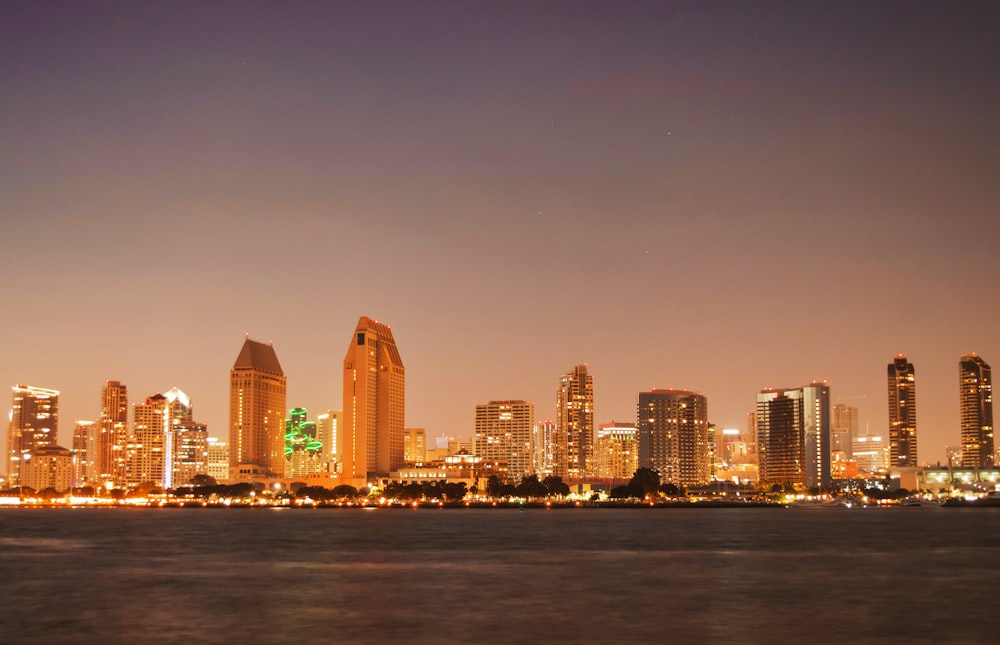 city skyline during night time