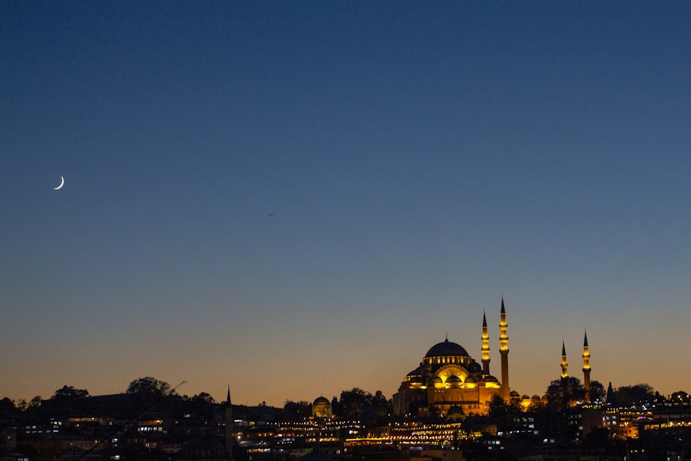 city skyline during night time