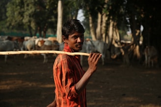 A person wearing a red plaid shirt holds a long wooden stick over his shoulder while standing outdoors. In the background, a herd of cows are grazing under the shade of large trees, creating a rural setting.