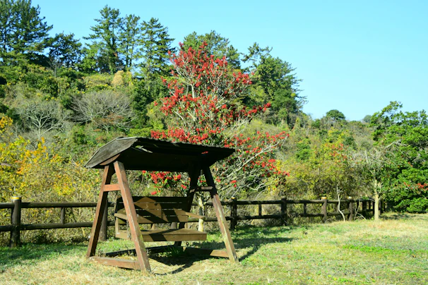 A rustic wooden swing set in a backyard.