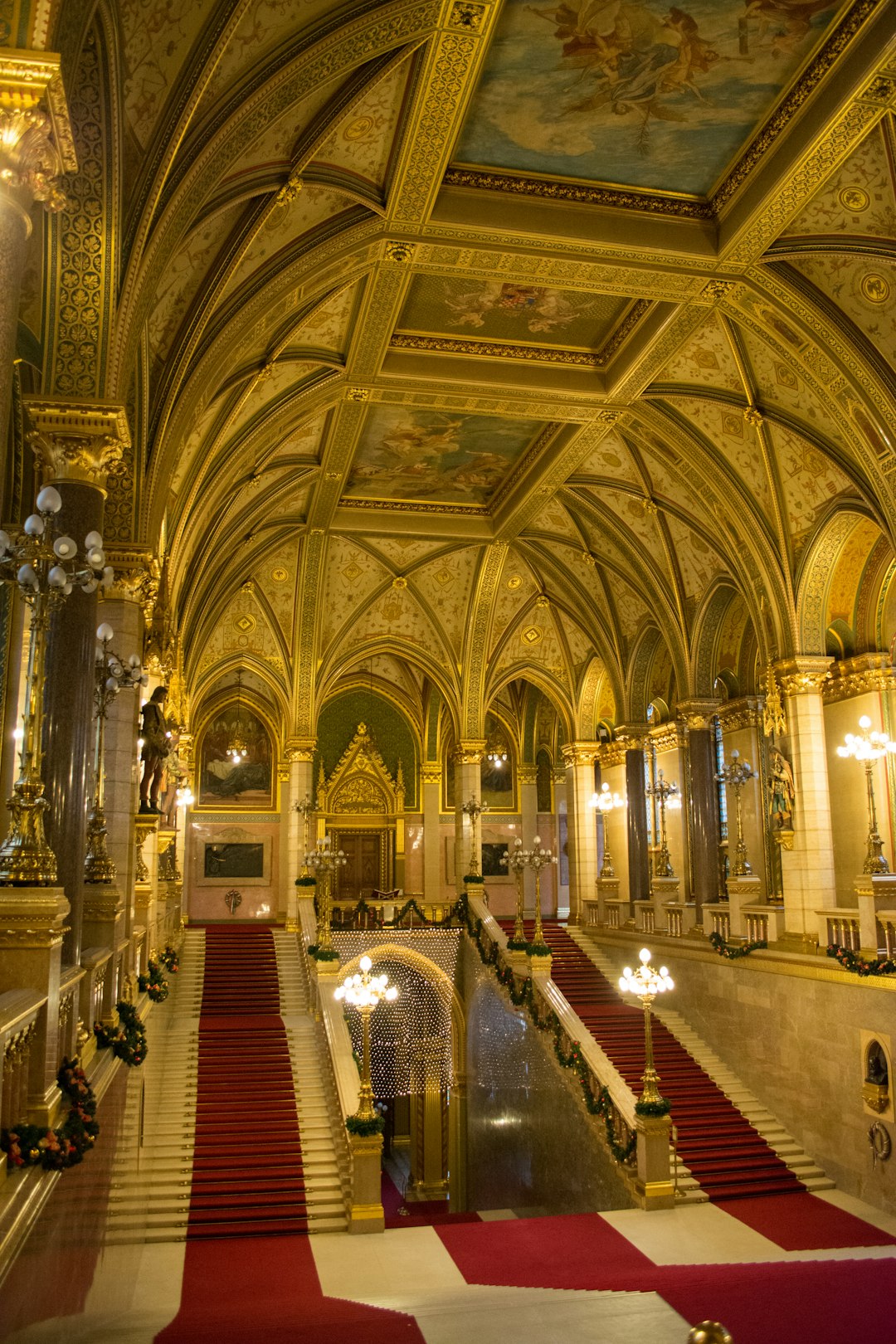 The golden staircase in the Hungarian parliament building in Budapest. This staircase is actually the main staircase of the 268m long building located right at the Danube.