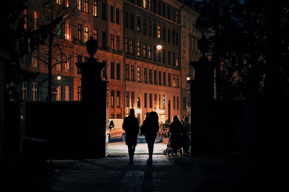 silhouette of people walking on street during night time