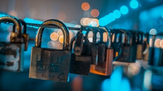 A series of padlocks are attached to a metal cable, with blurred city lights creating a bokeh effect in the background. The locks vary in size and design, and the focus is on one prominent lock in the foreground.