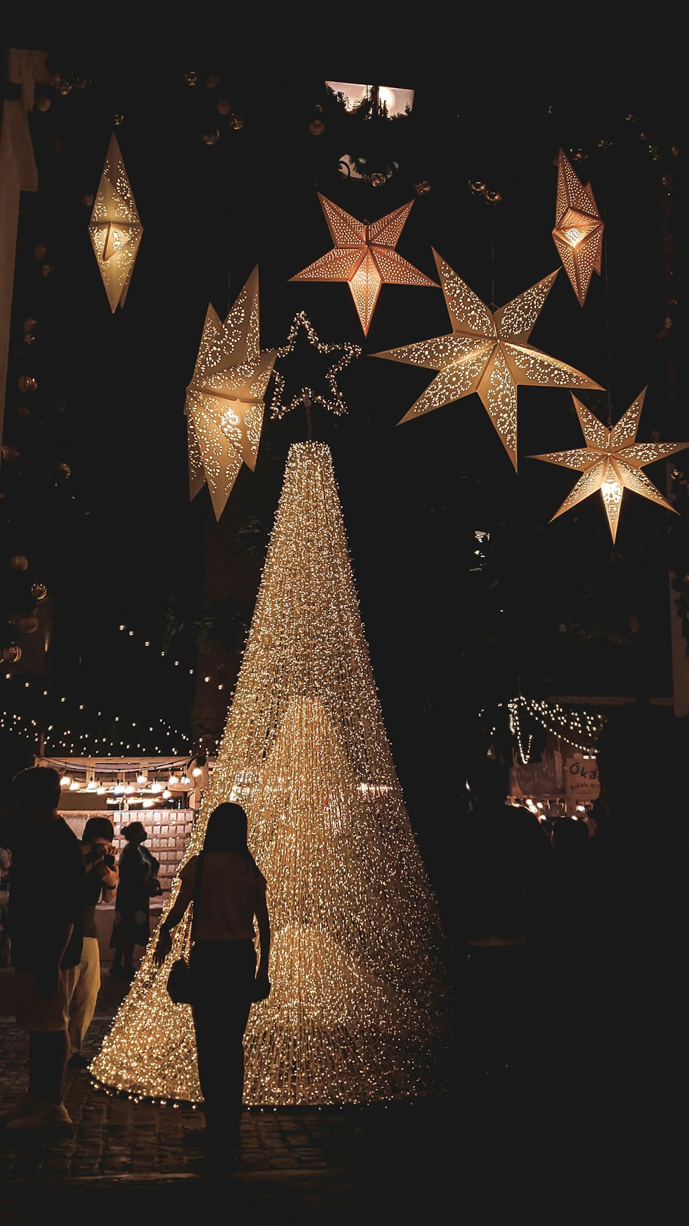 people standing near lighted christmas tree during night time