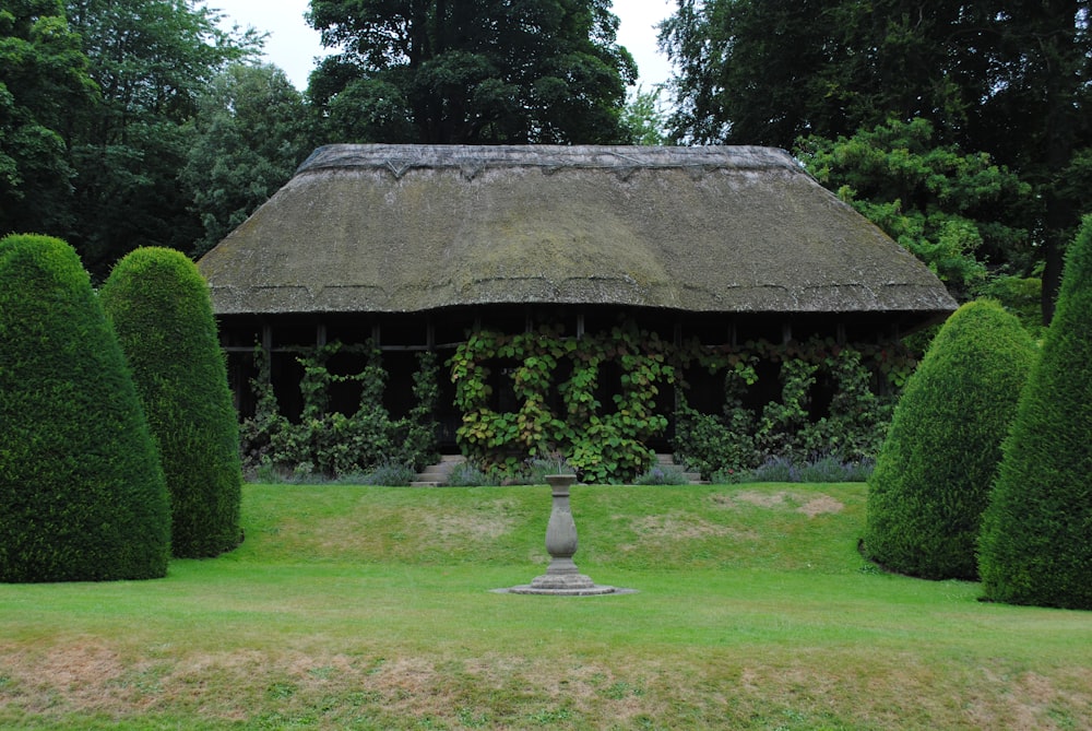 Champ d’herbe verte avec maison brune et grise