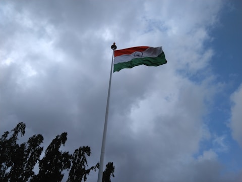 A flag is fluttering on a tall flagpole against a backdrop of a cloudy sky. The flag features three horizontal stripes of saffron, white, and green with a blue wheel in the center of the white stripe. Dark green trees are visible at the bottom, partially silhouetted against the sky.