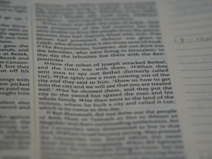 A close-up view of a printed text on a page, possibly from a religious book, focusing on specific verses with a clear column layout. The text appears to be discussing historical events involving tribes.