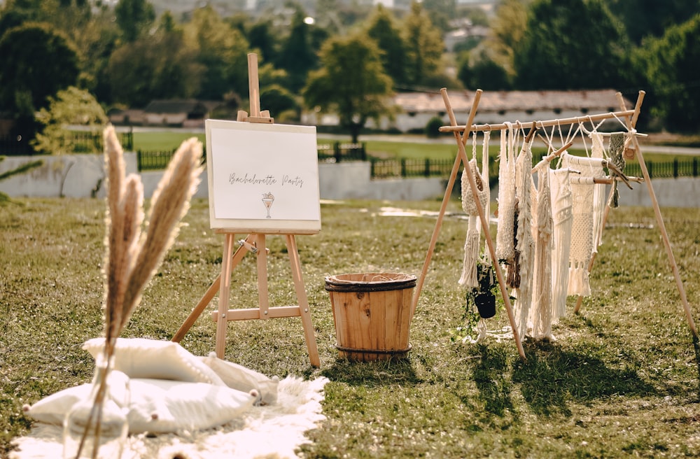 brown wooden bucket with white plastic bag