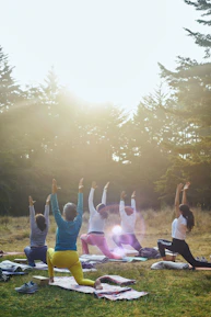 Grupo de mulheres pratica yoga em gramado ensolarado cercado por árvores altas.