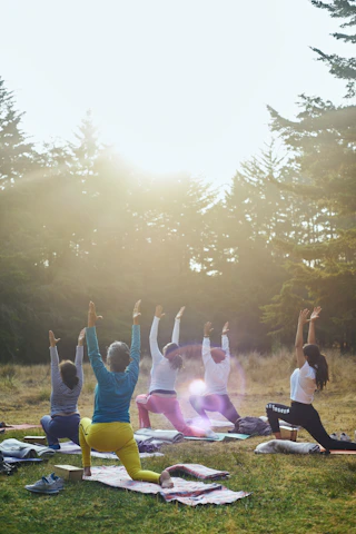 Grupo de mulheres pratica yoga em gramado ensolarado cercado por árvores altas.