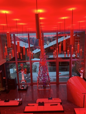 Chic interior of a luxury penthouse with northern lights-inspired lighting.