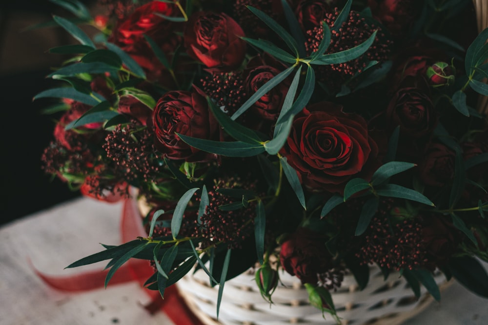 red roses on white ceramic vase