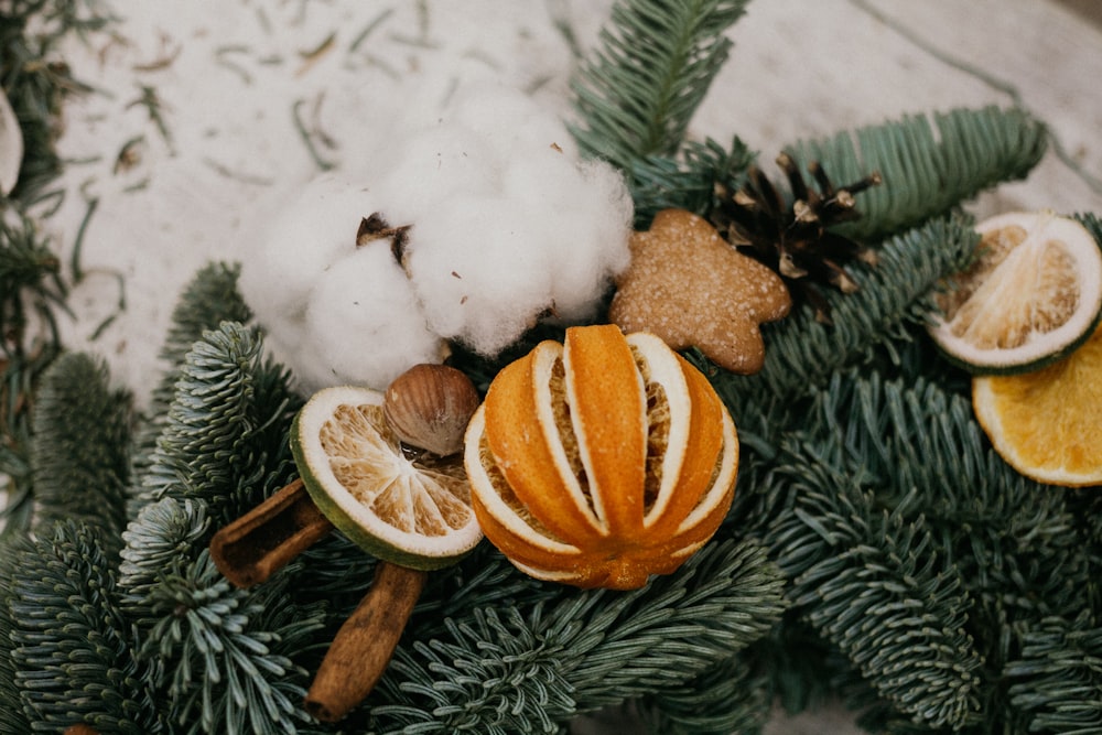 brown pine cone and white snow