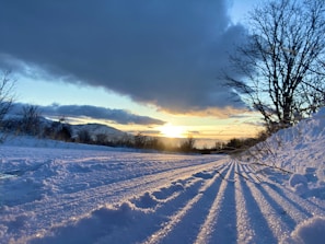 The sun setting behind a snow-covered yard freshly cleared by Snowslingers.