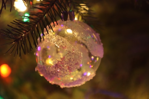 Close-up of colorful glass ornaments hanging on a pine branch, catching the light.