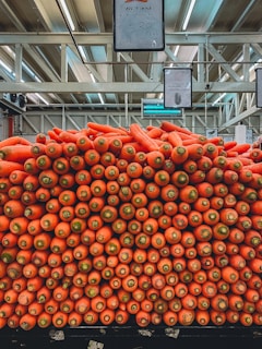 Bright orange carrots and green cucumbers neatly stacked in a market setting.