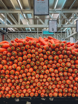 A large, tidy stack of bright orange carrots is displayed prominently in a market setting. Each carrot is uniformly sized and neatly piled, showcasing their orange tips and green tops. Overhead, there is signage displaying pricing details, and the background features a high warehouse-like ceiling with exposed beams.