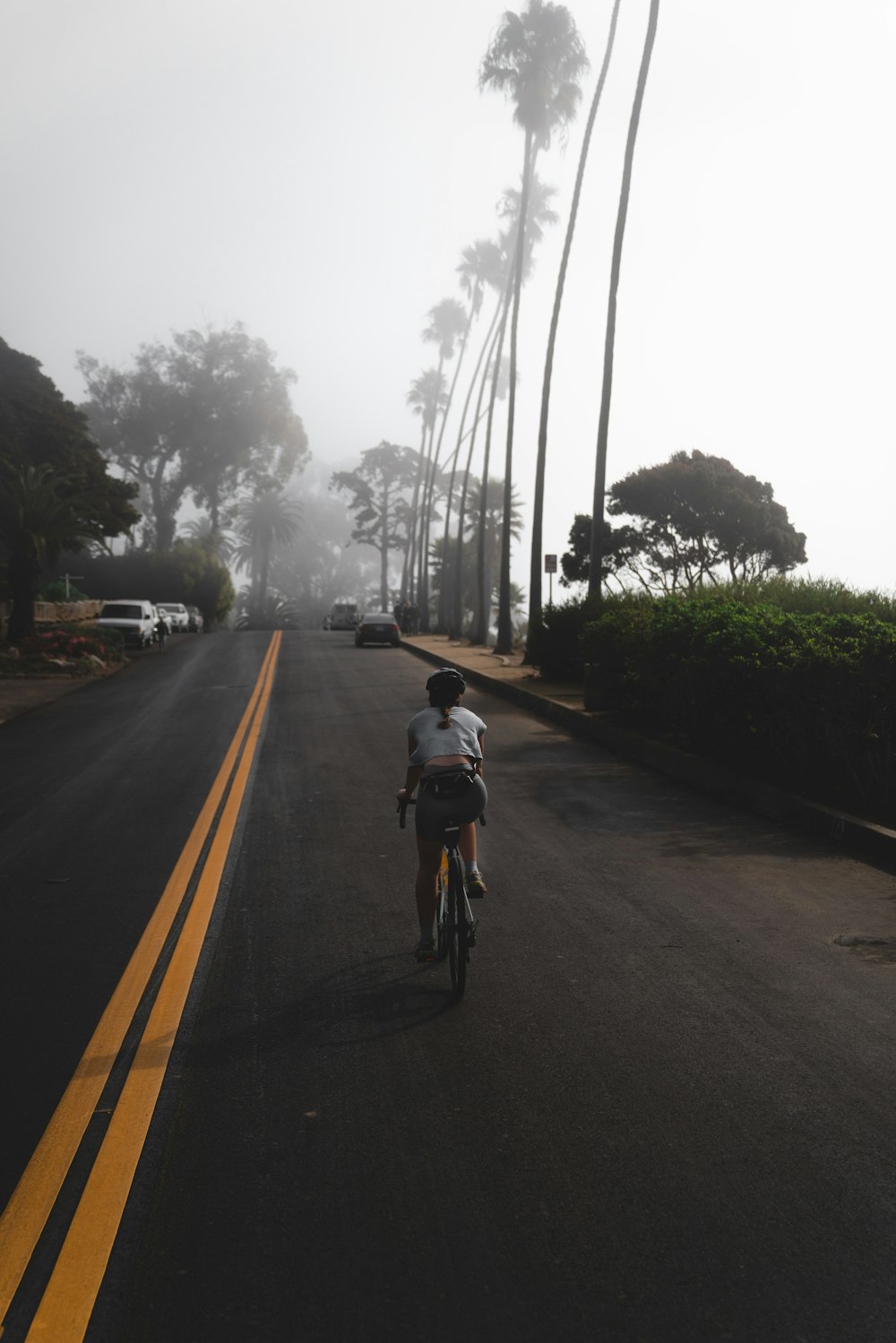 昼間、道路を自転車で走る黒いジャケットの男