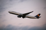 A commercial airplane is flying through the sky, showcasing its large wings and engines. The aircraft is white with a blue tail fin marked with a logo. The backdrop is a cloudy sky with soft lighting, suggesting it might be either early morning or late evening.