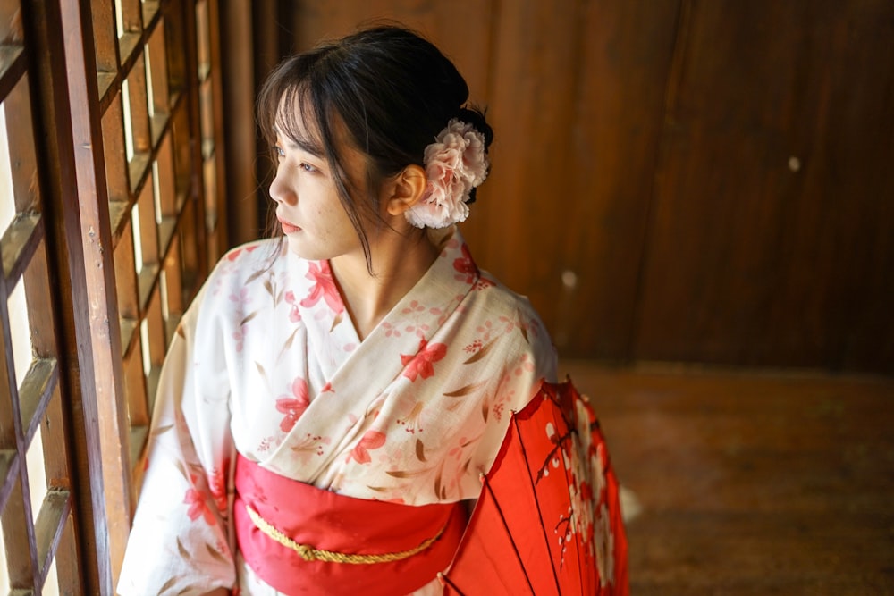 woman in white and red kimono