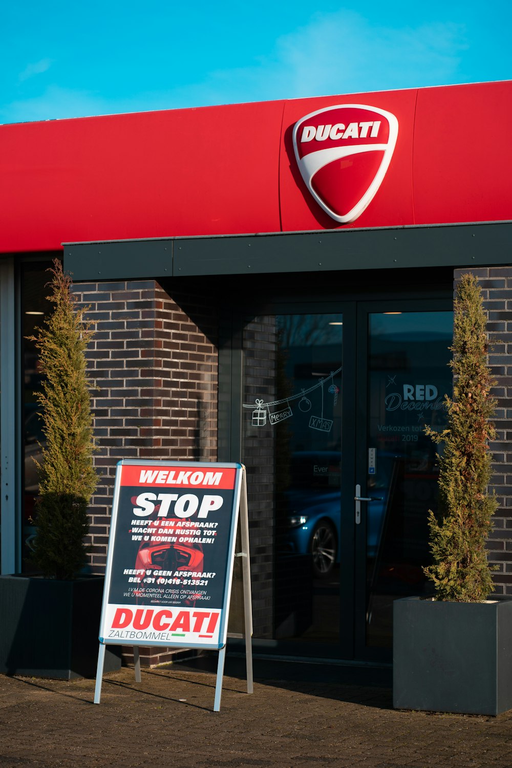 red and white store front