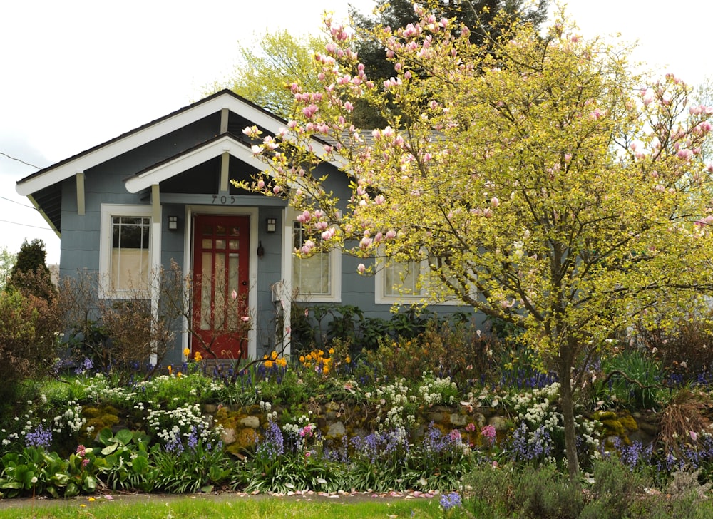 푸른 나무와 식물로 둘러싸인 흰색과 갈색 집