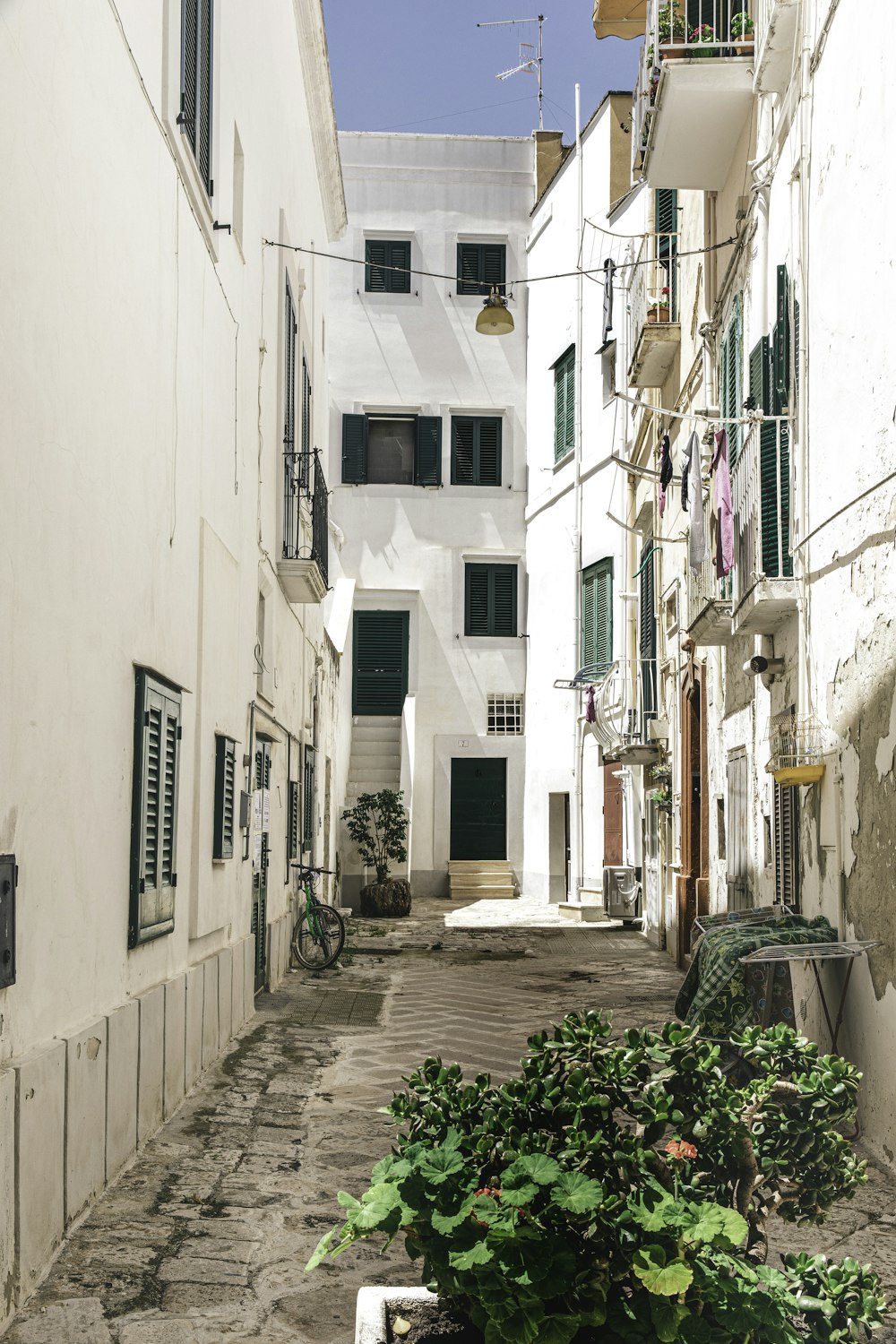 empty street between white concrete houses during daytime