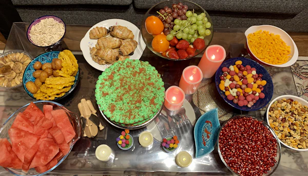A lively birthday party spread featuring assorted snacks, sweets, and festive decorations