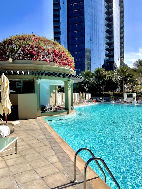 Corporate outdoor pool area featuring clean lines and elegant water effects